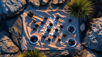 Enjoying Fresh Blackberries and Coconut Flakes on a Picnic Blanket photo
