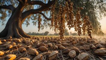 Harvested Pods and Tree Landscape at Sunrise with Ground Covering photo