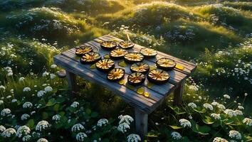 Arrangement of Grilled Eggplant Slices on Wooden Table in Meadow photo