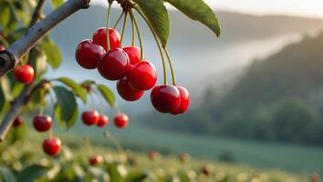 Picking Ripe Cherries in Orchard During Summer Harvest Time photo