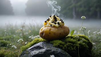 Baked Potato with Topping on Rock in Nature with Fog Rising photo