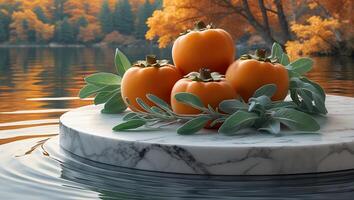 Arrangement of Persimmons and Sage on Marble by Calm Lake photo