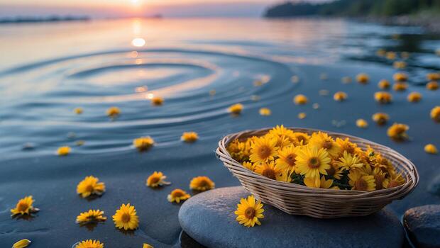 Basket of Yellow Flowers on Water's Edge at Dusk Creating Ripples photo