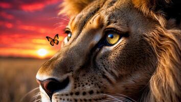 Lion Close Up Watching Butterfly During Dramatic Orange Sunset Sky photo