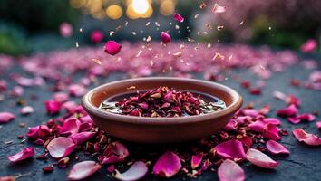 Falling Rose Petals and Bowl with Oil for Spa and Aromatherapy photo