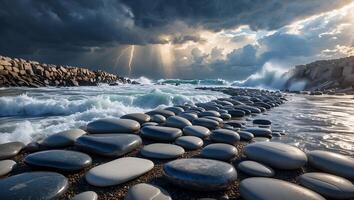 Ocean Waves Crashing on Rock Barrier with Stormy Sky and Lightning photo