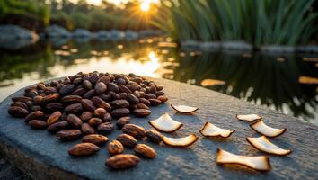 Arrangement of Cocoa Beans and Coconut Slices Near Water at Sunset photo