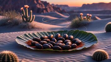 Dates on Leaf in Desert Landscape with Cactus at Sunset photo
