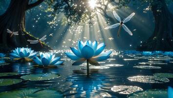 Floating Lotus Flowers and Dragonflies in Tranquil Pond at Dawn photo
