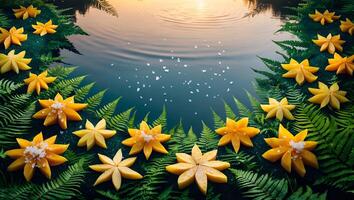 Arrangement of Star-shaped Fruits with Ferns Beside Calm Reflective Water photo