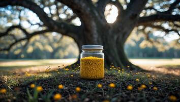 Holding Glass Jar of Yellow Pellets in Grassy Field Under Tree photo