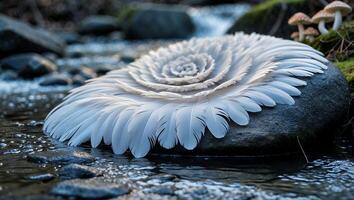 Feather Art Forming Flower on Rock in Forest Stream Nature photo