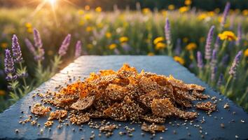 Crunchy Sesame Seed Crackers on Slate with Lavender Field Backdrop photo