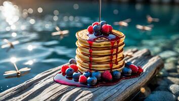 Pancakes Stack with Berries and Syrup by Water for Breakfast photo