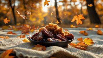 Serving Dates and Dessert with Honey Drizzle in Autumn Setting photo