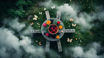 Berries and Flowers on Stone Table with Smoke and Butterflies photo