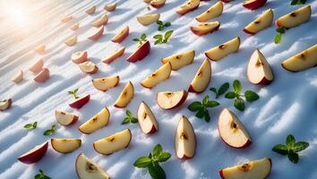 Apple Slices and Mint on Snow Bright Winter Food Composition photo
