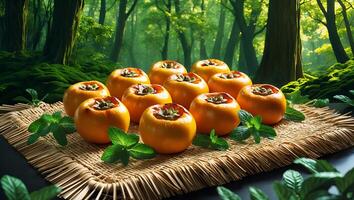Arrangement of Persimmon Fruits with Mint Leaves on Woven Mat photo
