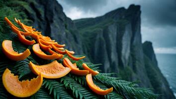 Arranged Orange Fruit Slices on Green Fern with Mountain Backdrop photo