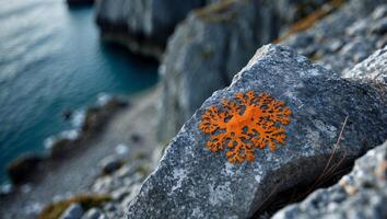 Orange Lichen Growing on Grey Rock with Ocean View Landscape photo