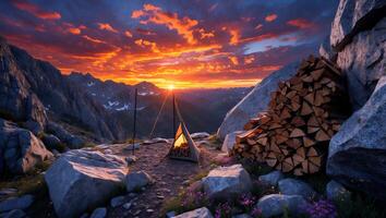 Camping in Mountains Tent with Sunset and Firewood Scenic View photo