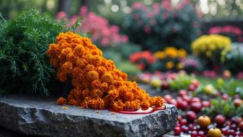 Orange Marigolds Cascading Over Stone in Garden Setting photo