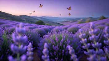 Lavender Field with Flying Butterflies and Mountain View at Dusk photo
