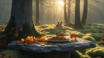 Forest Feast Plate and Honey with Two Squirrels Enjoying Sunlight photo