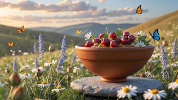 Bowl of Berries with Wildflowers in a Meadow at Sunset photo