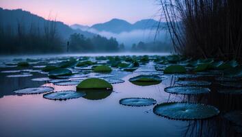 Lily Pads Floating on Misty Lake at Dawn with Mountains Backdrop photo