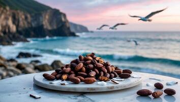 Cocoa Beans and Coconut Flakes on Marble Plate with Ocean Backdrop photo