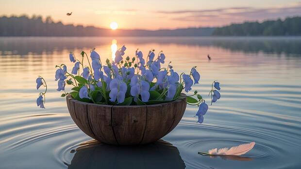 Flowers in a Bowl Float on the Lake During Golden Hour photo