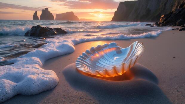 Seashell on Beach at Sunset with Ocean Waves and Rock Formations photo