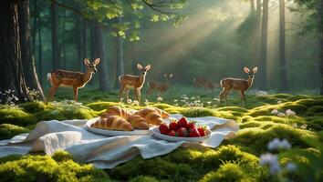 Picnic with Deer in Dreamy Forest with Croissants and Strawberries photo