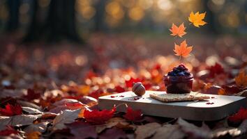 Autumn Still Life with Berry Jam Crackers and Falling Maple Leaves photo