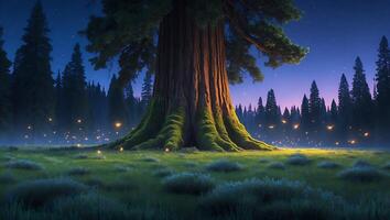 Giant Redwood Tree with Fireflies at Twilight in a Lush Forest photo