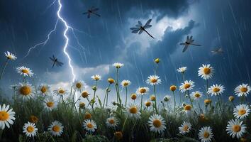 Daisies in Field During Rainstorm with Lightning and Dragonflies photo