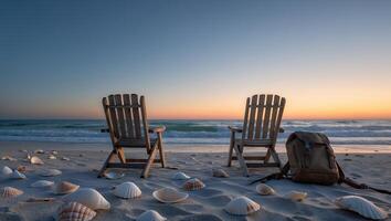 Empty Beach Chairs Facing Sunset Ocean with Seashells and Backpack photo