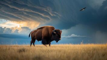 Bison Walking in Golden Field Under Dramatic Cloudy Sky with Bird photo