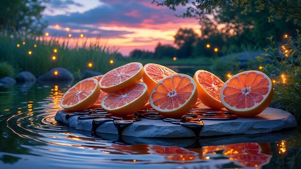 Grapefruit Halves on Stone Slab Surrounded by Water at Dusk photo