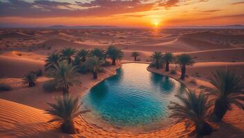 Oasis in Desert Sand Dunes with Palm Trees at Sunset photo
