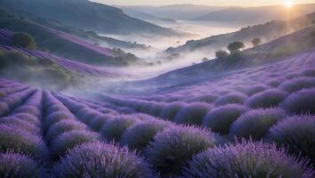 Lavender Field in Rolling Hills with Morning Mist and Sunrise Glow photo