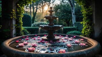 Water Fountain with Lotus Flowers in Garden at Sunset photo