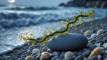 Seascape with Seaweed on Stone at Pebble Beach and Calm Waves photo
