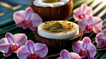 Coconut Dessert with Spice and Orchids on Palm Leaf Backdrop photo
