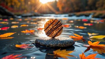Cookie on a Rock in a Fall River with Leaves at Sunset photo