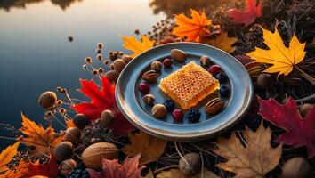 Honey Comb with Berries and Nuts Displayed Among Autumn Leaves photo