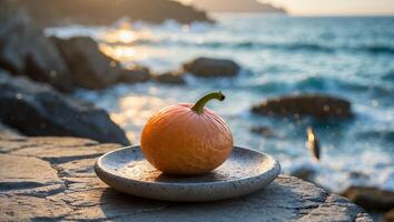 Orange Fruit Resting on Plate Near Ocean Water Landscape View photo