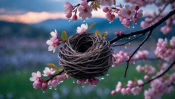 Bird Nest on Cherry Blossom Branch with Water Droplets photo