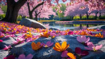 Fallen Flowers on Rocks by Pond with Cherry Blossom Trees photo